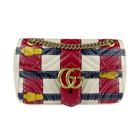 Auth GUCCI GG Marmont Shoulder Bag Off White/Red/Navy Leather/Goldtone - z3784